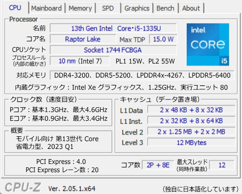 Core i5-1335U, CPU-Z